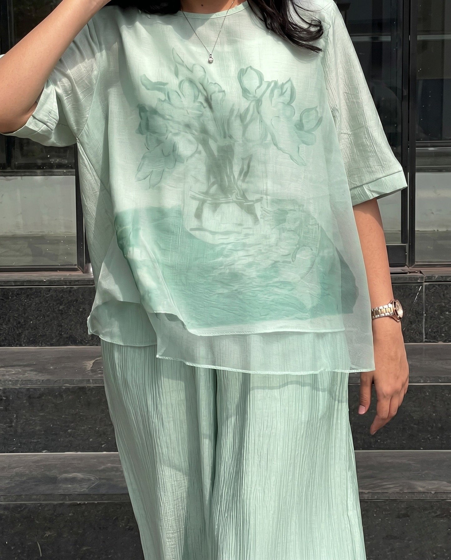 Oryxen - Mint Tissue Blend Layered Co-ord Set with Viscose Inner