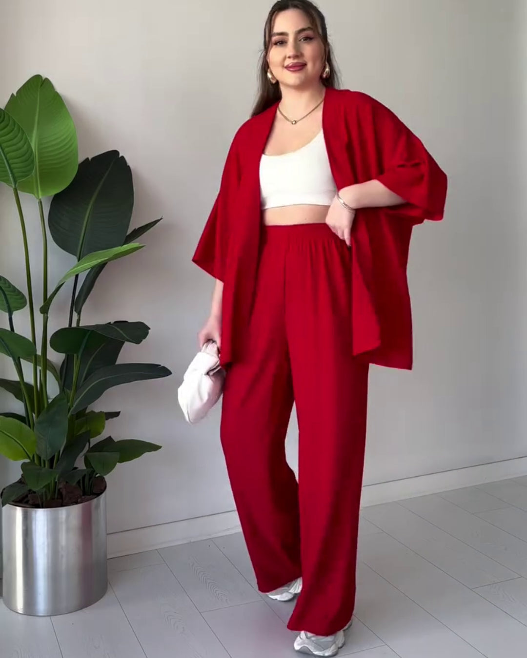 Amora - Red Breezy Kimono Palazzo Co-Ord Set