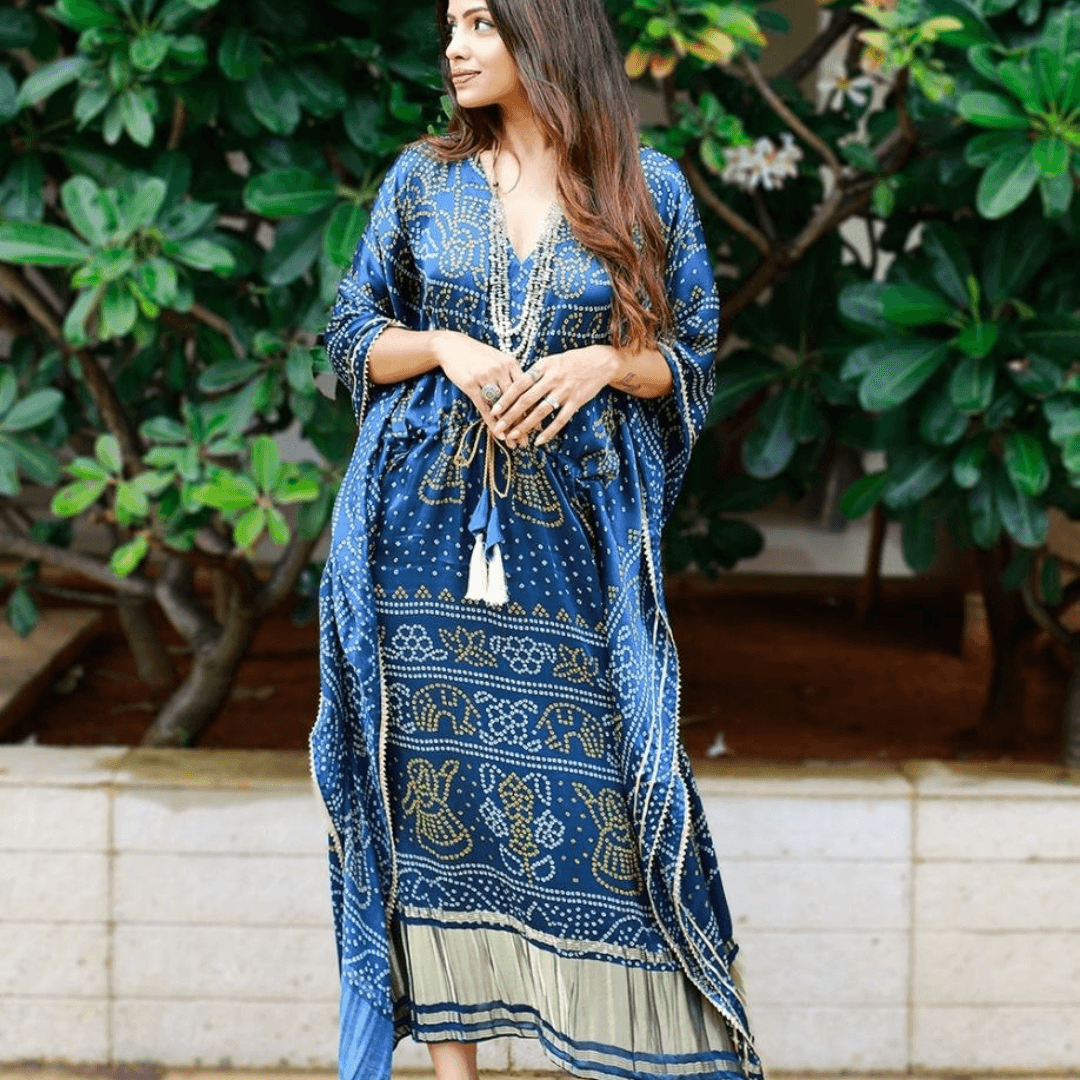 Color Blue Bandhani Print Wonder Satin Kaftan