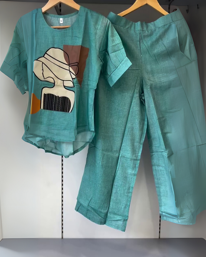 Aneesha Co-ord Set – Teal Blue Linen Blend with Abstract Lady Print