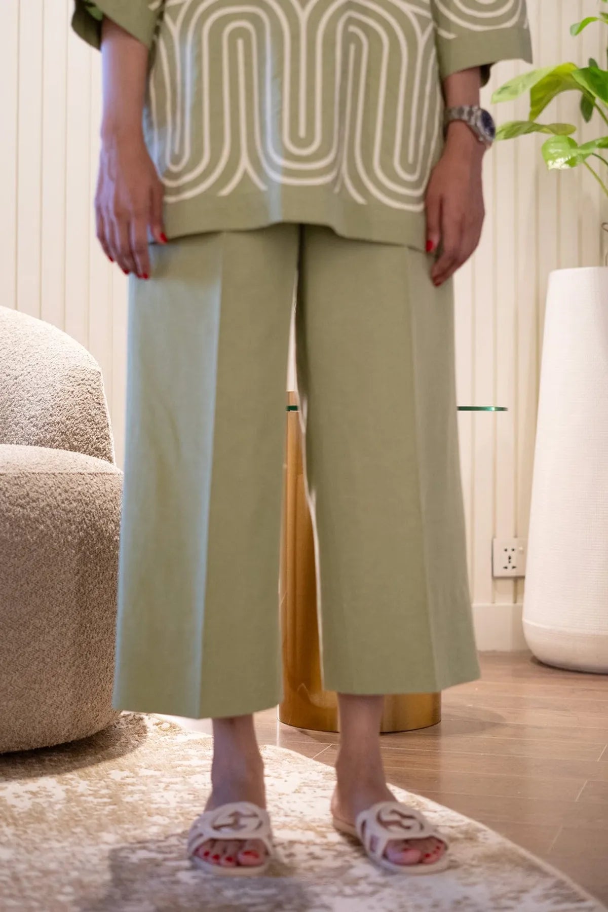 Kiara – Sage Cotton Co-ord Set with Hand-Printed Lines