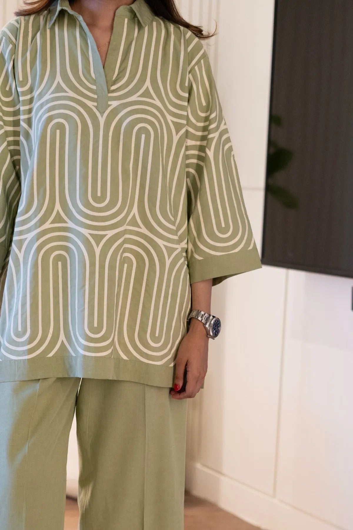 Kiara – Sage Cotton Co-ord Set with Hand-Printed Lines