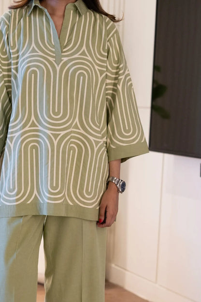 Kiara – Sage Cotton Co-ord Set with Hand-Printed Lines