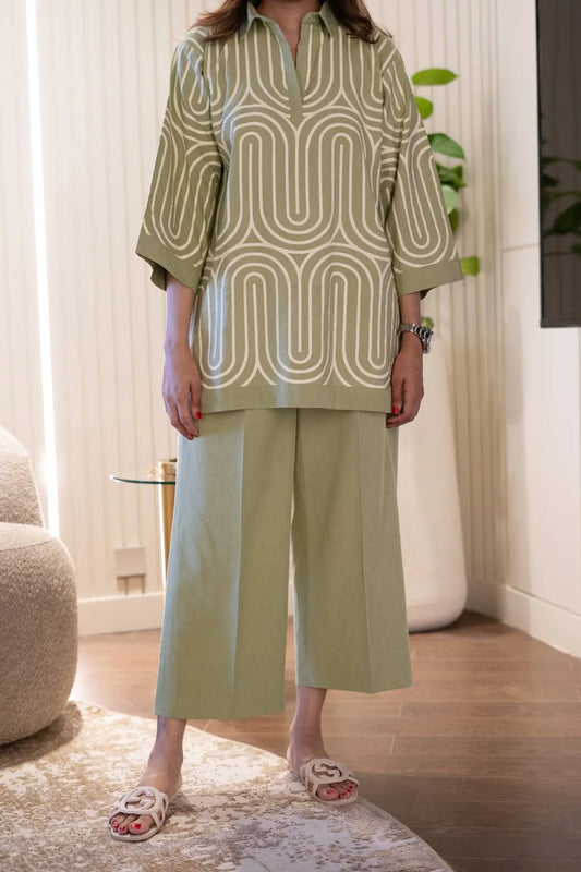 Kiara – Sage Cotton Co-ord Set with Hand-Printed Lines