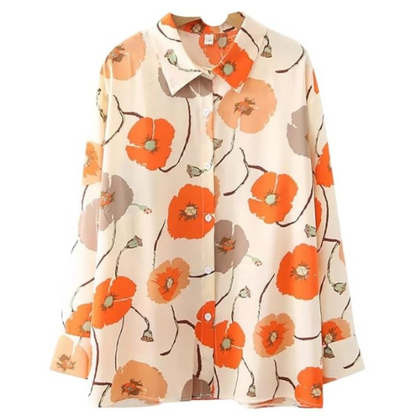 Bold Orange Floral Print Button-Up Top