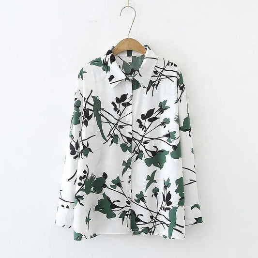 Floral Green Print Button-Up Top